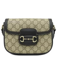 Gucci Shoulder Bag Horsebit Gg Supreme Canvas Leather Beige Black